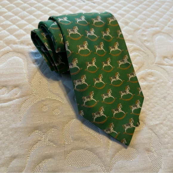 Cornelia James Tie Green & Cream Toy Rocking Horses Polyester 54” x 3.75” - Picture 2 of 8